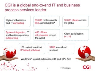 CGI is a global end-to-end IT and business
process services leader
High-end business
and IT consulting

69,000 professionals,
85% shareholders*

10,000 clients across
the globe

System integration, IT
and business process
outsourcing

400 offices,
40 countries around
the world

Client satisfaction:
9.1/10

100+ mission-critical
IP-based solutions

$10B annualized
revenue

World’s 5th largest independent IT and BPS firm

3

* Before Logica

 