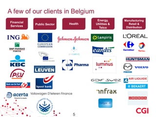 A few of our clients in Belgium
Financial
Services

Public Sector

Health

5

Energy,
Utilities &
Telco

Manufacturing
Retail &
Distribution

 