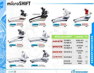 CARBONO




 DES0108                 DES0109                  DES0110                 DES0116
FD-R88-F         67g    FD-R88-FC          67g   FD-R82F-W   99g         FD-R82F-R   99g




                                                  RUTA microSHIFT




                                                                                           DESCARRILADORES
                                                                          SHIMANO    VEL

                                                             FD-R88-F     DURA-ACE
                                                                                     10V
                                                             FD-R88-FC    ULTEGRA
DES0111                 DES0112
                                                             FD-R82F       ULTEGRA
98g        FD-R72F-G   98g          FD-R74F-E                                        10V
                                                             FD-R82F-R       6700
                                                                           ULTEGRA
                                                             FD-R72F-G               10V
                                                                             6703
                                                                               105
                                                             FD-R74R-E               10V
                                                                              5700
                                                             FD-R74F        TIAGRA   10V
                                                             FD-R729-F       4600    10V
DES0113      FD-R74F    DES0114     FD-R729-F
99g
 
