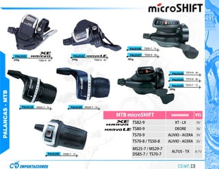 PAL0106   TS50-7 - 7v

                                                                                              PAL0107   TS50-8 - 8v
                  PAL0101                                    PAL0102
                 240g              TS82-9 - 9v              240g           TS80-9 - 9v       285g




                                                                                                                        PAL0103 TS70-9 - 9v

                                                                                                                        PAL0104 TS70-8 - 8v

                                                                                                                        PAL0105 TS70-7 - 7v
                                                                                                                      280g
PALANCAS - MTB




                        PAL0110   MS25-7 - 7v              PAL0109 MS29-7 - 7v


                                                                                         MTB microSHIFT                SHIMANO          VEL
                                                                                                TS82-9                    XT - LX        9V
                                                                                                TS80-9                    DEORE          9V
                                                                                                TS70-9                ALIVIO - ACERA 9V
                                                                                                TS70-8 / TS50-8       ALIVIO - ACERA 8V

                                                                                                MS25-7 / MS29-7
                                                                                                                       ALTUS - TX       8-7V
                                           PAL0108   DS85-7 - 7v                                DS85-7 / TS70-7
 