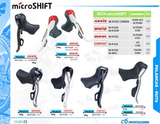 RUTA microSHIFT               SHIMANO VEL

                                                                                                             DURA-ACE
                                                                                       SB-R102C CARBON                      10V
                                                                                                             ULTEGRA

                                                                                       SB-R102R              ULTEGRA
                                                                                                                            10V
                                                                                       SB-R102W                6700
                                                                                                             ULTEGRA
                                                                                       SB-R102G                             10V
                                                                                                               6703
                                                                                                                105
                                      PAL0117                                          SB-R102E                             10V
                                                                                                               5700
                                     395g     SB-R102R - 10v
                                               BLANCO/ROJO                             SB-R102K               TIAGRA        10V
                                      PAL0112                                          SB-R092                 SORA         9V
 PAL0111                             395g    SB-R102W - 10v
SB-R102C - 10v - CARBON                            BLANCO
                    380g




                                                                                                                                  PALANCAS - RUTA
                                                                                                   PAL0115     SB-R102K
                                                                                                  411g                10v
     PAL0113                   PAL0114                          PAL0118                                        SB-R092
                                                                                                   PAL0116
    390g     SB-R102G - 10v   390g      SB-R102E - 10v         390g   SB-R102E - 10v              411g                9v
 