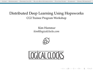 INTRO HOPSWORKS DISTRIBUTED DL BLACK-BOX OPTIMIZATION FEATURE STORE SUMMARY DEMO/WORKSHOP
Distributed Deep Learning Using Hopsworks
CGI Trainee Program Workshop
Kim Hammar
kim@logicalclocks.com
 