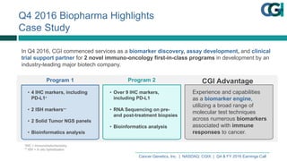 Cancer  Genetics,  Inc.    |    NASDAQ:  CGIX    |    Q4  &  FY  2016  Earnings  Call
Q4  2016  Biopharma  Highlights
Case  Study
In  Q4  2016,  CGI  commenced  services  as  a  biomarker  discovery,  assay  development,  and  clinical  
trial  support partner for  2  novel  immuno-­oncology  first-­in-­class  programs  in  development  by  an  
industry-­leading  major  biotech  company.
• 4  IHC  markers,  including  
PD-­L1*
• 2  ISH  markers**
• 2  Solid  Tumor  NGS  panels
• Bioinformatics  analysis
• Over  9  IHC  markers,  
including  PD-­L1
• RNA  Sequencing  on  pre-­
and  post-­treatment  biopsies
• Bioinformatics  analysis
Program  1 Program  2
Experience  and  capabilities  
as  a  biomarker  engine,  
utilizing  a  broad  range  of  
molecular  test  techniques  
across  numerous  biomarkers
associated  with  immune  
responses  to  cancer.
*IHC  =  Immunohistochemistry
**  ISH  =  In  situ  hybridization
CGI  Advantage
 
