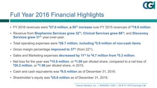 Cancer  Genetics,  Inc.    |    NASDAQ:  CGIX    |    Q4  &  FY  2016  Earnings  Call
Full  Year  2016  Financial  Highlights
§ FY  2016  revenues  were  $27.0  million,  a  50% increase  over  FY  2015  revenues  of $18.0  million.
§ Revenue  from  Biopharma  Services  grew  32%;;  Clinical  Services  grew  88%;;  and Discovery  
Services  grew  31% year-­over-­year.
§ Total  operating  expenses  were  $26.7  million,  including  $5.9  million  of  non-­cash  items.
§ Gross  margin  percentage  improved  to  37% (from  22%).
§ Sales  and  Marketing  expenses  decreased  by  11% to  $4.7  million  from  $5.3  million.
§ Net  loss  for  the  year  was  $15.8  million,  or $1.00  per  diluted  share,  compared  to  a  net  loss  of  
$20.2  million,  or  $1.96 per  diluted  share,  in  2015.
§ Cash  and  cash  equivalents  was  $9.5  million as  of  December  31,  2016.
§ Shareholder’s  equity  was  $25.6  million as  of  December  31,  2016.
 