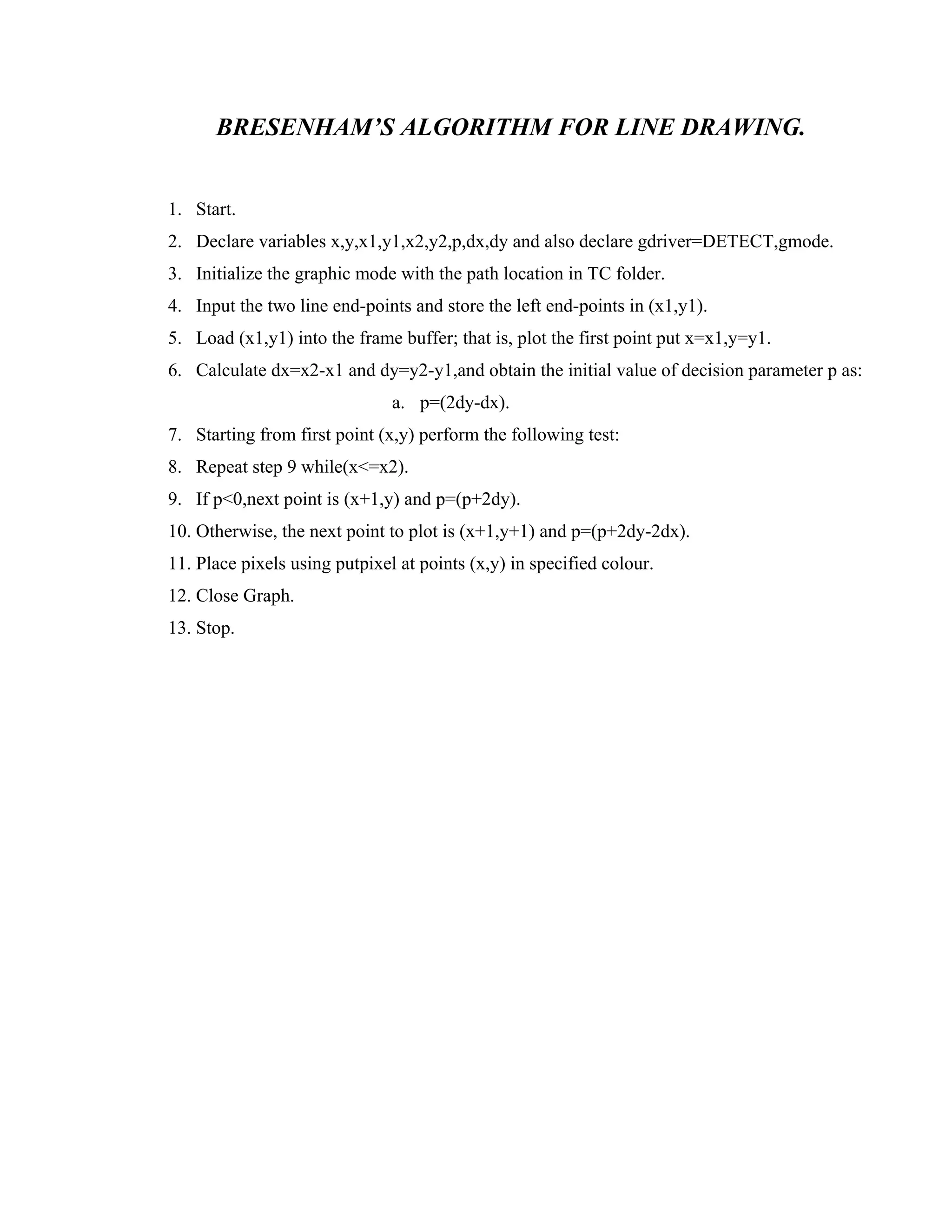 BRESENHAM’S ALGORITHM FOR LINE DRAWING.
1. Start.
2. Declare variables x,y,x1,y1,x2,y2,p,dx,dy and also declare gdriver=DETECT,gmode.
3. Initialize the graphic mode with the path location in TC folder.
4. Input the two line end-points and store the left end-points in (x1,y1).
5. Load (x1,y1) into the frame buffer; that is, plot the first point put x=x1,y=y1.
6. Calculate dx=x2-x1 and dy=y2-y1,and obtain the initial value of decision parameter p as:
a. p=(2dy-dx).
7. Starting from first point (x,y) perform the following test:
8. Repeat step 9 while(x<=x2).
9. If p<0,next point is (x+1,y) and p=(p+2dy).
10. Otherwise, the next point to plot is (x+1,y+1) and p=(p+2dy-2dx).
11. Place pixels using putpixel at points (x,y) in specified colour.
12. Close Graph.
13. Stop.
 