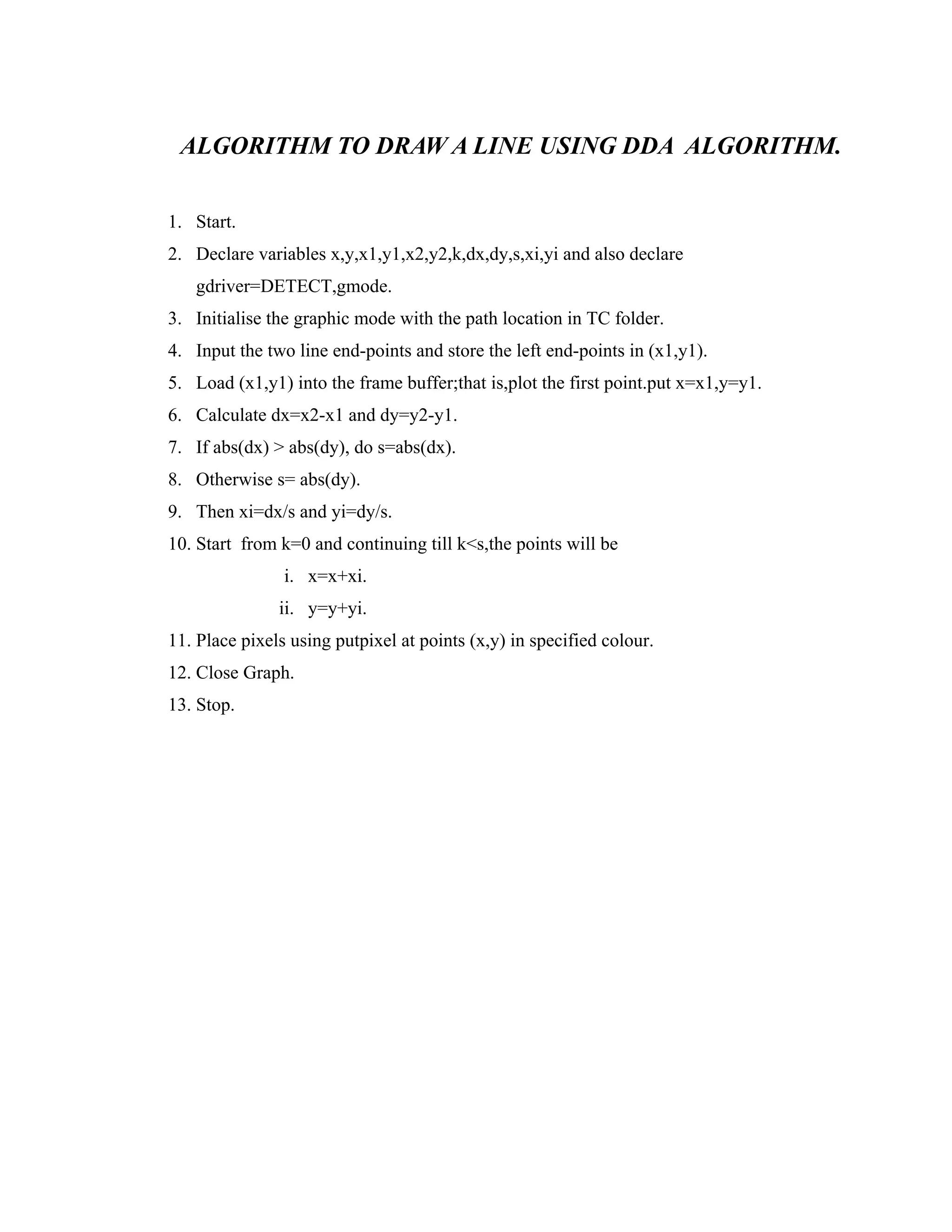 ALGORITHM TO DRAW A LINE USING DDA ALGORITHM.
1. Start.
2. Declare variables x,y,x1,y1,x2,y2,k,dx,dy,s,xi,yi and also declare
gdriver=DETECT,gmode.
3. Initialise the graphic mode with the path location in TC folder.
4. Input the two line end-points and store the left end-points in (x1,y1).
5. Load (x1,y1) into the frame buffer;that is,plot the first point.put x=x1,y=y1.
6. Calculate dx=x2-x1 and dy=y2-y1.
7. If abs(dx) > abs(dy), do s=abs(dx).
8. Otherwise s= abs(dy).
9. Then xi=dx/s and yi=dy/s.
10. Start from k=0 and continuing till k<s,the points will be
i. x=x+xi.
ii. y=y+yi.
11. Place pixels using putpixel at points (x,y) in specified colour.
12. Close Graph.
13. Stop.
 