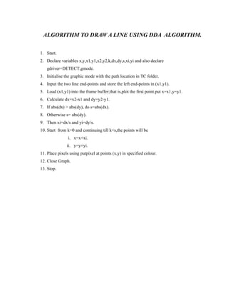 ALGORITHM TO DRAW A LINE USING DDA ALGORITHM.
1. Start.
2. Declare variables x,y,x1,y1,x2,y2,k,dx,dy,s,xi,yi and also declare
gdriver=DETECT,gmode.
3. Initialise the graphic mode with the path location in TC folder.
4. Input the two line end-points and store the left end-points in (x1,y1).
5. Load (x1,y1) into the frame buffer;that is,plot the first point.put x=x1,y=y1.
6. Calculate dx=x2-x1 and dy=y2-y1.
7. If abs(dx) > abs(dy), do s=abs(dx).
8. Otherwise s= abs(dy).
9. Then xi=dx/s and yi=dy/s.
10. Start from k=0 and continuing till k<s,the points will be
i. x=x+xi.
ii. y=y+yi.
11. Place pixels using putpixel at points (x,y) in specified colour.
12. Close Graph.
13. Stop.
 