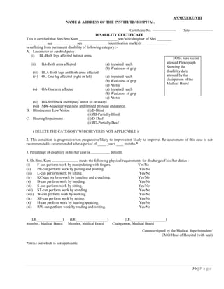 ANNEXURE-VIII
                               NAME & ADDRESS OF THE INSTITUTE/HOSPITAL

                                                                      Certificate No. ——————-         Date——————-
                                                DISABILITY CERTIFICATE
This is certified that Shri/Smt/Kum _____________________ son/wife/daughter of Shri ________
___________ age _____________sex ______________identification mark(s) ______________
is suffering from permanent disability of following category :-
A. Locomotor or cerebral palsy :
    (i) BL-Both legs affected but not arms.
                                                                                               |Affix here recent
    (ii)    BA-Both arms affected                     (a) Impaired reach                  attested Photograph
                                                      (b) Weakness of grip                Showing the
      (iii) BLA-Both legs and both arms affected                                          disability duly
      (iv) OL-One leg affected (right or left)        (a) Impaired reach                  attested by the
                                                      (b) Weakness of grip                chairperson of the
                                                      (c) Ataxic                          Medical Board
     (v)    OA-One arm affected                    (a) Impaired reach
                                                   (b) Weakness of grip
                                                   (c) Ataxic
   (vi) BH-Stiff back and hips (Cannot sit or stoop)
   (vii) MW-Muscular weakness and limited physical endurance.
B. Blindness or Low Vision :          (i) B-Blind
                                      (ii)PB-Partially Blind
C. Hearing Impairment :               (i) D-Deaf
                                      (ii)PD-Partially Deaf

     ( DELETE THE CATEGORY WHICHEVER IS NOT APPLICABLE )

2. This condition is progressive/non-progressive/likely to improve/not likely to improve. Re-assessment of this case is not
recommended/is recommended after a period of _____ years ____ months.*

3. Percentage of disability in his/her case is ..................... percent.

4. Sh./Smt./Kum ............................. meets the following physical requirements for discharge of his /her duties :-
(i)     F-can perform work by manipulating with fingers.                            Yes/No
(ii)    PP-can perform work by pulling and pushing.                                  Yes/No
(iii) L-can perform work by lifting.                                                 Yes/No
(iv)    KC-can perform work by kneeling and crouching.                               Yes/No
(v)     B-can perform work by bending.                                               Yes/No
(vi)    S-can perform work by sitting.                                               Yes/No
(vii) ST-can perform work by standing.                                               Yes/No
(viii) W-can perform work by walking.                                                Yes/No
(ix)    SE-can perform work by seeing.                                               Yes/No
(x)     H-can perform work by hearing/speaking.                                      Yes/No
(xi)    RW-can perform work by reading and writing.                                  Yes/No


  (Dr.______________)             (Dr._________________)                    (Dr.___________________)
Member, Medical Board            Member, Medical Board              Chairperson, Medical Board
                                                                                       Couuntersigned by the Medical Superintendent/
                                                                                                   CMO/Head of Hospital (with seal)

*Strike out which is not applicable.




                                                                                                                              36 | P a g e
 