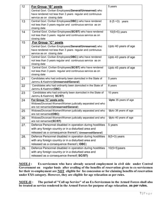 12      For Group “B” posts                                             5 years
         Central Govt. Civilian Employees(General/Unreserved) who
         have rendered not less than 3 years regular and continuous
         service as on closing date
 13      Central Govt. Civilian Employees(OBC)) who have rendered         8 (5 +3) years
         not less than 3 years regular and continuous service as on
         closing date
 14       Central Govt. Civilian Employees(SC/ST) who have rendered       10(5+5) years
         not less than 3 years regular and continuous service as on
         closing date
 15      For Group “C” posts
         Central Govt. Civilian Employees(General/Unreserved) who        Upto 40 years of age
         have rendered not less than 3 years regular and continuous
         service as on closing date
 17      Central Govt. Civilian Employees(OBC)) who have rendered        Upto 43 years of age
         not less than 3 years regular and continuous service as on
         closing date
 19       Central Govt. Civilian Employees(SC/ST) who have rendered      Upto 45 years of age
         not less than 3 years regular and continuous service as on
         closing date
 21      Candidates who had ordinarily been domiciled in the State of    5 years
         Jammu & Kashmir(Unreserved/General)
 22       Candidates who had ordinarily been domiciled in the State of   8 years
         Jammu & Kashmir(OBC)
 23       Candidates who had ordinarily been domiciled in the State of   10 years
         Jammu & Kashmir( SC/ST)
 24      For Group “C” posts only.                                       Upto 35 years of age
         Widows/Divorced Women/Women judicially separated and who
         are not remarried(Unreserved/General)
 25      Widows/Divorced Women/Women judicially separated and who        Upto 38 years of age
         are not remarried(OBC)
 26      Widows/Divorced Women/Women judicially separated and who        Upto 40 years of age
         are not remarried(SC/ST)
 27.     Defence Personnel disabled in operation during hostilities      5 years
         with any foreign country or in a disturbed area and
         released as a consequence thereof.( Unreserved/General)
 28.     Defence Personnel disabled in operation during hostilities      8(5+3) years
         with any foreign country or in a disturbed area and
         released as a consequence thereof.( OBC)
 29.     Defence Personnel disabled in operation during hostilities      10(5+5)years
         with any foreign country or in a disturbed area and
         released as a consequence thereof( SC/ST)

NOTE-I :       Ex-servicemen who have already secured employment in civil side under Central
Government on regular basis after availing of the benefits of reservation given to ex-servicemen
for their re-employment are NOT eligible for fee concession or for claiming benefits of reservation
under EXS category. However, they are eligible for age relaxation as per rules.

NOTE-II : The period of "Call up Service" of an Ex-Serviceman in the Armed Forces shall also
be treated as service rendered in the Armed Forces for purpose of age relaxation, as per rules.

                                                                                                7|Page
 