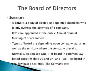  Summary
◦ A BoDs is a body of elected or appointed members who
jointly oversee the activities of a company.
◦ BoDs are appointed at the public Annual General
Meeting of shareholders.
◦ Types of board are depending upon company status as
well as the territory where the company prevails.
◦ Normally, we can see One-Tier board in common law
based societies (like US and UK) and Two-Tier board in
civil law based societies (like Germany etc).
 