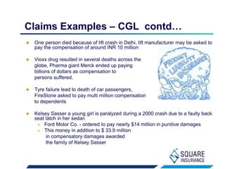 Claims Examples – CGL contd…
 One person died because of lift crash in Delhi, lift manufacturer may be asked to
pay the compensation of around INR 10 million
 Vioxx drug resulted in several deaths across the
globe, Pharma giant Merck ended up paying
billions of dollars as compensation to
persons suffered.
 Tyre failure lead to death of car passengers,
FireStone asked to pay multi million compensation
to dependents
 Kelsey Sasser a young girl is paralyzed during a 2000 crash due to a faulty back
seat latch in her sedan
 Ford Motor Co. - ordered to pay nearly $14 million in punitive damages
 This money in addition to $ 33.9 million
in compensatory damages awarded
the family of Kelsey Sasser
 