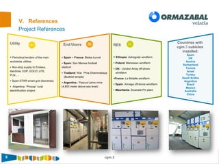 9 cgm.3
Project References
Utility
• Periodical tenders of the main
worldwide utilities
• Non-stop supply to Endesa,
Iberdrola, EDP. EDCO, UTE,
PLN….
• Spain:STAR smart-grid (Iberdrola)
• Argentina: “Prosap” rural
electrification project
End Users
• Spain – France: Bielsa tunnel
• Spain: San Mames football
stadium
• Thailand: Wat Phra Dhammakaya
(Budhist temple)
• Argentina : Pascua Lama mine
(4,800 meter above sea level)
RES
• Ethiopia: Ashegoda windfarm
• Poland: Marszewo windfarm
• UK: London Array off-shore
windfarm
•France: La Motelle windfarm
• Spain: Arinaga off-shore windfarm
• Mauritania: Zouerate PV plant
Countries with
cgm.3 cubicles
installed:
Spain
UK
Austria
Switzerland
Tunisia
Israel
Turkey
Saudi Arabia
Argentina
Brazil
Mexico
Australia
China
….
V. References
 