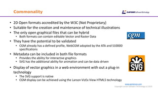 www.cgmlarson.com
Copyright Larson Software Technology (c) 2019
Commonality
• 2D Open formats accredited by the W3C (Not Proprietary)
• Suitable for the creation and maintenance of technical illustrations
• The only open graphical files that can be hybrid
• Both formats can contain editable Vector and Raster Data
• They have the potential to be validated
• CGM already has a defined profile, WebCGM adopted by the ATA and S1000D
specifications
• Metadata can be included in both file formats
• Provides the ability for interactive graphics
• SVG has the additional ability for animation and can be data driven
• Display of vector graphics in a web environment with out a plug-in
technology
• The SVG support is native
• CGM display can be achieved using the Larson VizEx View HTML5 technology
 