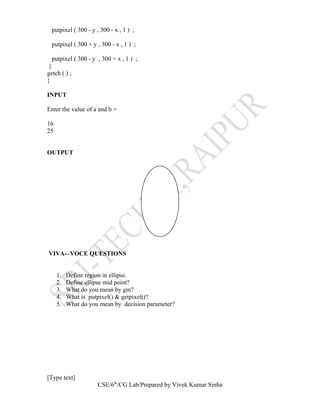 putpixel ( 300 - y , 300 - x , 1 ) ;
putpixel ( 300 + y , 300 - x , 1 ) ;
putpixel ( 300 - y , 300 + x , 1 ) ;
}
getch ( ) ;
}
INPUT
Enter the value of a and b =
16
25
OUTPUT
VIVA-–VOCE QUESTIONS
1. Define region in ellipse.
2. Define ellipse mid point?
3. What do you mean by gm?
4. What is putpixel() & getpixel()?
5. What do you mean by decision parameter?
[Type text]
CSE/6th
/CG Lab/Prepared by Vivek Kumar Sinha
 