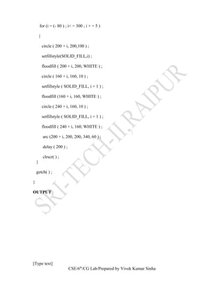 for (i = (- 80 ) ; i< = 300 ; i + = 5 )
{
circle ( 200 + i, 200,100 ) ;
setfillstyle(SOLID_FILL,i) ;
floodfill ( 200 + i, 200, WHITE ) ;
circle ( 160 + i, 160, 10 ) ;
setfillstyle ( SOLID_FILL, i + 1 ) ;
floodfill (160 + i, 160, WHITE ) ;
circle ( 240 + i, 160, 10 ) ;
setfillstyle ( SOLID_FILL, i + 1 ) ;
floodfill ( 240 + i, 160, WHITE ) ;
arc (200 + i, 200, 200, 340, 60 ) ;
delay ( 200 ) ;
clrscr( ) ;
}
getch( ) ;
}
OUTPUT
[Type text]
CSE/6th
/CG Lab/Prepared by Vivek Kumar Sinha
 