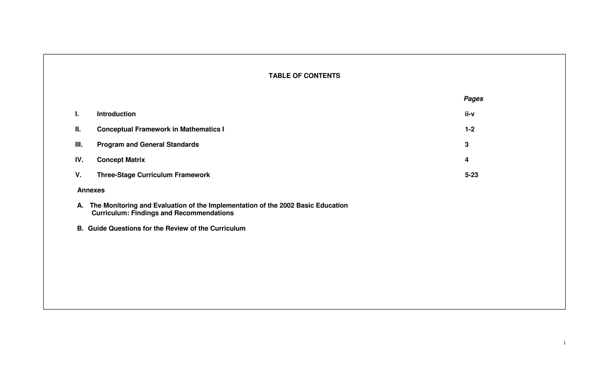 TABLE OF CONTENTS


                                                                                     Pages

I.     Introduction                                                                  ii-v

II.    Conceptual Framework in Mathematics I                                         1-2

III.   Program and General Standards                                                 3

IV.    Concept Matrix                                                                4

V.     Three-Stage Curriculum Framework                                              5-23

 Annexes

A. The Monitoring and Evaluation of the Implementation of the 2002 Basic Education
   Curriculum: Findings and Recommendations

B. Guide Questions for the Review of the Curriculum




                                                                                             i
 