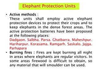 Elephant Protection Units
• Active methods :
These units shall employ active elephant
protection devices to protect their crops and to
keep elephants in the dense forest areas. The
active protection batteries have been proposed
at the following places:
Dadgaon. Salbha. Parsa. Ghatbarra. Maheshpur.
Hariharpur. Korasama. Ramgarh. Saskalo. Jajga.
Parhapara
• Burning fires : Fires are kept burning all night
in areas where elephants are regular visitors. In
some areas firewood is difficult to obtain, so
any material that will smoulder can be used.
 