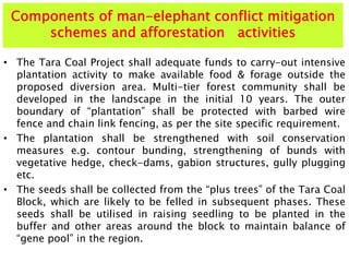 Components of man-elephant conflict mitigation
schemes and afforestation activities
• The Tara Coal Project shall adequate funds to carry-out intensive
plantation activity to make available food & forage outside the
proposed diversion area. Multi-tier forest community shall be
developed in the landscape in the initial 10 years. The outer
boundary of “plantation” shall be protected with barbed wire
fence and chain link fencing, as per the site specific requirement.
• The plantation shall be strengthened with soil conservation
measures e.g. contour bunding, strengthening of bunds with
vegetative hedge, check-dams, gabion structures, gully plugging
etc.
• The seeds shall be collected from the “plus trees” of the Tara Coal
Block, which are likely to be felled in subsequent phases. These
seeds shall be utilised in raising seedling to be planted in the
buffer and other areas around the block to maintain balance of
“gene pool” in the region.
 