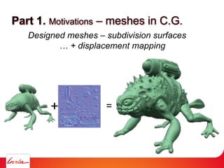 Part 1. Motivations meshes in C.G.
Designed meshes subdivision surfaces
+ =
 