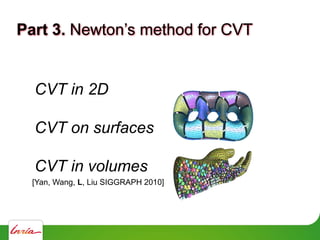 Part 3.
CVT in 2D
CVT on surfaces
CVT in volumes
[Yan, Wang, L, Liu SIGGRAPH 2010]
 