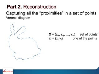 Voronoi diagram
X = (x1, x2, xn) set of points
xi = (xi,yi) one of the points
Part 2. Reconstruction
 