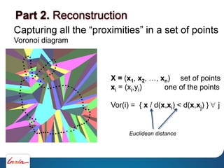 X = (x1, x2, xn) set of points
xi = (xi,yi) one of the points
Vor(i) = { x / d(x,xi) < d(x,xj) } j
Euclidean distance
Voronoi diagram
Part 2. Reconstruction
 