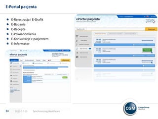 E-Portal pacjenta
E-Rejestracja i E-Grafik
E-Badania
E-Recepta
E-Powiadomienia
E-Konsultacje z pacjentem
E-Informator

34

2013-12-10

Synchronizing Healthcare

 