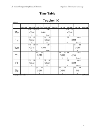 Lab Manual: Computer Graphics & Multimedia Department of Information Technology 
TTiimmee TTaabbllee 
3 
 