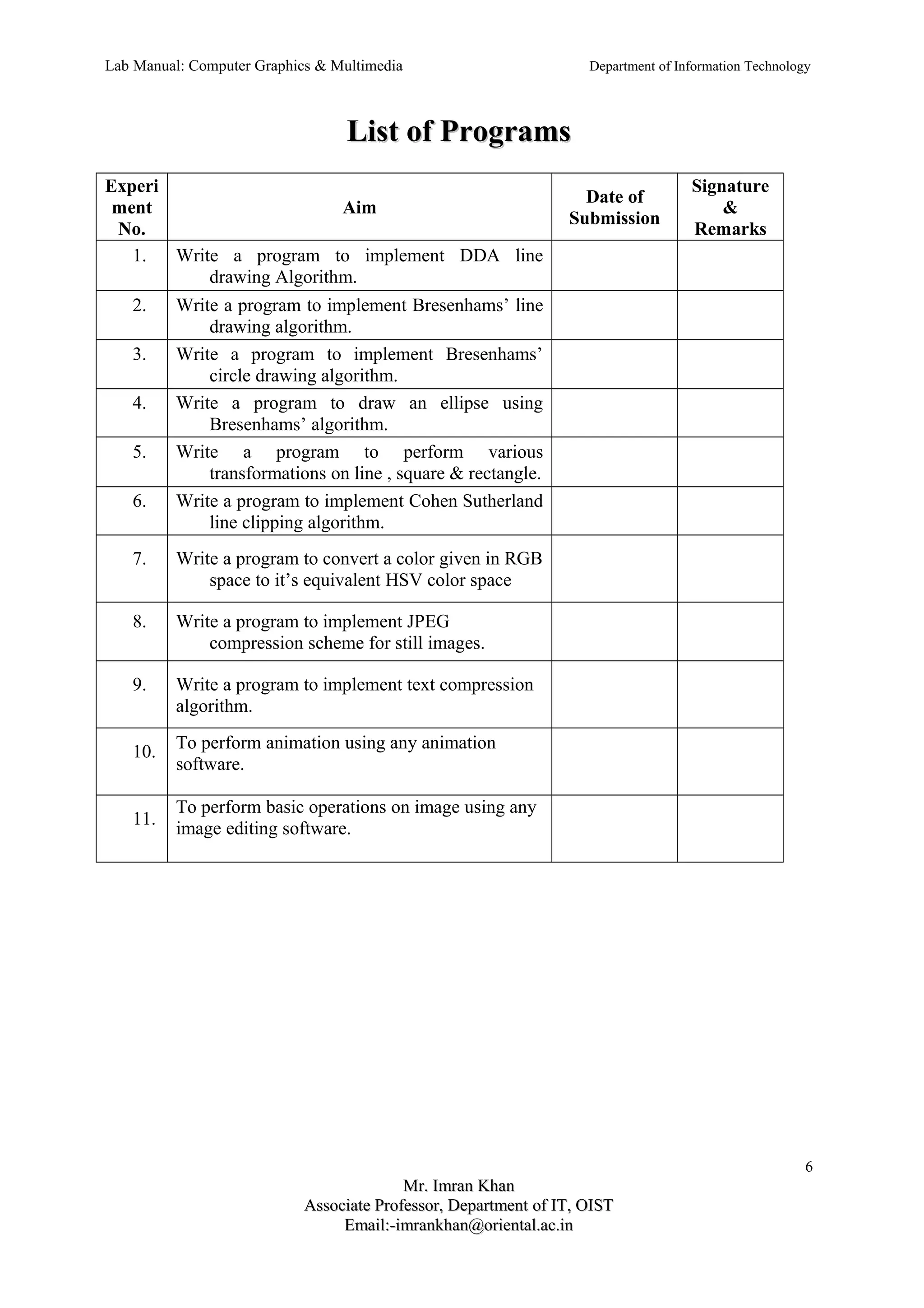 Lab Manual: Computer Graphics & Multimedia Department of Information Technology 
LLiisstt ooff PPrrooggrraammss 
Experi 
ment 
No. 
Aim Date of 
Submission 
Signature 
& 
Remarks 
1. Write a program to implement DDA line 
drawing Algorithm. 
2. Write a program to implement Bresenhams’ line 
drawing algorithm. 
3. Write a program to implement Bresenhams’ 
circle drawing algorithm. 
4. Write a program to draw an ellipse using 
Bresenhams’ algorithm. 
5. Write a program to perform various 
transformations on line , square & rectangle. 
6. Write a program to implement Cohen Sutherland 
line clipping algorithm. 
7. Write a program to convert a color given in RGB 
space to it’s equivalent HSV color space 
8. Write a program to implement JPEG 
compression scheme for still images. 
9. Write a program to implement text compression 
algorithm. 
10. To perform animation using any animation 
software. 
11. To perform basic operations on image using any 
image editing software. 
6 
MMrr.. IImmrraann KKhhaann 
AAssssoocciiaattee PPrrooffeessssoorr,, DDeeppaarrttmmeenntt ooff IITT,, OOIISSTT 
EEmmaaiill::--iimmrraannkkhhaann@@oorriieennttaall..aacc..iinn 
 