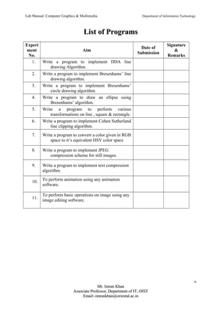 Lab Manual: Computer Graphics & Multimedia Department of Information Technology 
LLiisstt ooff PPrrooggrraammss 
Experi 
ment 
No. 
Aim Date of 
Submission 
Signature 
& 
Remarks 
1. Write a program to implement DDA line 
drawing Algorithm. 
2. Write a program to implement Bresenhams’ line 
drawing algorithm. 
3. Write a program to implement Bresenhams’ 
circle drawing algorithm. 
4. Write a program to draw an ellipse using 
Bresenhams’ algorithm. 
5. Write a program to perform various 
transformations on line , square & rectangle. 
6. Write a program to implement Cohen Sutherland 
line clipping algorithm. 
7. Write a program to convert a color given in RGB 
space to it’s equivalent HSV color space 
8. Write a program to implement JPEG 
compression scheme for still images. 
9. Write a program to implement text compression 
algorithm. 
10. To perform animation using any animation 
software. 
11. To perform basic operations on image using any 
image editing software. 
6 
MMrr.. IImmrraann KKhhaann 
AAssssoocciiaattee PPrrooffeessssoorr,, DDeeppaarrttmmeenntt ooff IITT,, OOIISSTT 
EEmmaaiill::--iimmrraannkkhhaann@@oorriieennttaall..aacc..iinn 
 