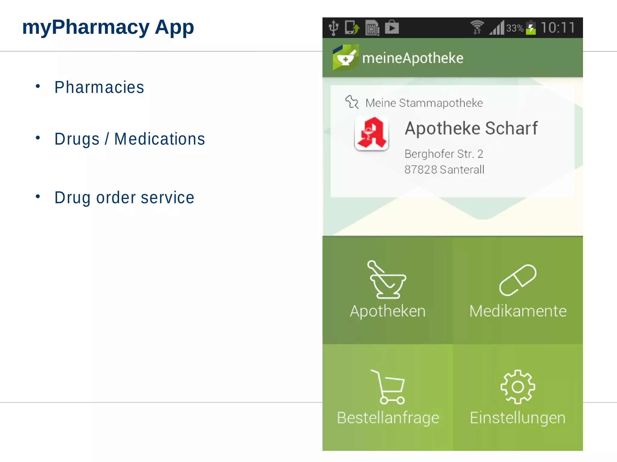 myPharmacy App
• Pharmacies
• Drugs / Medications
• Drug order service
 
