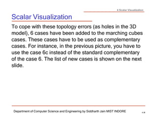 4 Scalar Visualization
Scalar Visualization
Department of Computer Science and Engineering by Siddharth Jain MIST INDORE 4-36
To cope with these topology errors (as holes in the 3D
model), 6 cases have been added to the marching cubes
cases. These cases have to be used as complementary
cases. For instance, in the previous picture, you have to
use the case 6c instead of the standard complementary
of the case 6. The list of new cases is shown on the next
slide.
 