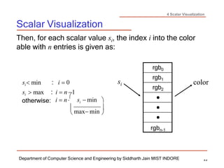 4 Scalar Visualization
Scalar Visualization
Department of Computer Science and Engineering by Siddharth Jain MIST INDORE 4-4
 
Then, for each scalar value si, the index i into the color
able with n entries is given as:
si min : i  0 si color
si  max : i  n 1
otherwise: i  n

si  min 

max min

rgb0
rgb1
rgb2
●
●
●
rgbn-1
 