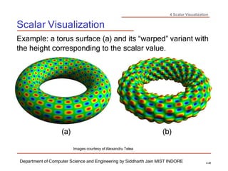 4 Scalar Visualization
Scalar Visualization
Department of Computer Science and Engineering by Siddharth Jain MIST INDORE 4-46
Example: a torus surface (a) and its “warped” variant with
the height corresponding to the scalar value.
(a) (b)
Images courtesy of Alexandru Telea
 