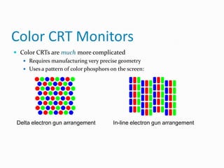 Color CRT Monitors
 Color CRTs are much more complicated
 Requires manufacturing very precise geometry
 Uses a pattern of color phosphors on the screen:
Delta electron gun arrangement In-line electron gun arrangement
 