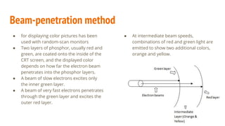 Beam-penetration method
● for displaying color pictures has been
used with random-scan monitors
● Two layers of phosphor, usually red and
green, are coated onto the inside of the
CRT screen, and the displayed color
depends on how far the electron beam
penetrates into the phosphor layers.
● A beam of slow electrons excites only
the inner green layer.
● A beam of very fast electrons penetrates
through the green layer and excites the
outer red layer.
● At intermediate beam speeds,
combinations of red and green light are
emitted to show two additional colors,
orange and yellow.
 