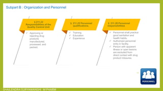 Subpart B : Organization and Personnel
12
§211.22
Responsibilities of the
Quality Control Unit
 Approving or
rejecting drug
products
manufactured,
processed, and
packed.
§ 211.25 Personnel
qualifications.
§ 211.28 Personnel
responsibilities
 Training
 Education
 Experience
 Personnel shall practice
good sanitation and
health habits.
 Authorized personnel
entry in facility.
 Person with apparent
illness or open lesions
are excluded from
direct contact with drug
product /closures.
SHAILENDRA SURYAWANSHI M PHARM
 