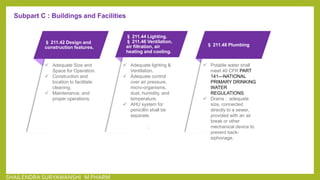 § 211.42 Design and
construction features.
 Adequate Size and
Space for Operation.
 Construction and
location to facilitate
cleaning.
 Maintenance, and
proper operations.
§ 211.44 Lighting.
§ 211.46Ventilation, air
filtration, air heating and
cooling.
 Adequate lighting &
Ventilation.
 Adequate control
over air pressure,
micro-organisms,
dust, humidity, and
temperature.
 AHU system for
penicillin shall be
separate.
.
§ 211.48 Plumbing
 Potable water shall
meet 40 CFR PART
141—NATIONAL
PRIMARY DRINKING
WATER
REGULATIONS
 Drains : adequate
size, connected
directly to a sewer,
provided with an air
break or other
mechanical device to
prevent back-
siphonage.
§ 211.42 Design and
construction features.
§ 211.44 Lighting.
§ 211.46 Ventilation,
air filtration, air
heating and cooling.
Subpart C : Buildings and Facilities
SHAILENDRA SURYAWANSHI M PHARM
 