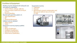 Facilities & Equipment
Building must be designed with adequate size
and space for operations.
 Finish of floors, ceilings, walls etc.
 Floor are epoxy coated and coving at
corners.
 Prevent Backflow.
Must be with good flow pattern of,
 Area Classification
 DP
 Personnel Movement
Utilities must be validated
 Water system
 HVAC
Equipment must be properly qualified.
 URS
 Design Qualification
 Installation Qualification
 Operational Qualification
 Performance Qualification
Equipments must be,
 Calibrated
 Cleaned
 Maintained to prevent contamination and
Mix-ups (21 CFR 211.63, 211.67 and
211.68)
SHAILENDRA SURYAWANSHI M PHARM
 