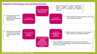 Subpart G: Packaging and Labelling Controls
§ 211.122 Materials
examination and
usage criteria.
§ 211.125
Labeling issuance.
§ 211.130
Packaging and
labeling
operations
§ 211.132 Tamper-
resistant
packaging
requirements for
over-the-counter
(OTC) human drug
products.
§ 211.134 Drug
product
inspection.
§ 211.137
Expiration dating
 Tamper-resistant packaging of OTC drug products to improve the
security of OTC drug packaging to assure the safety and effectiveness
of OTC drug products.
 Written procedures to assure correct usage of
labels, labeling, and packaging materials
 Strict control over labeling issued for use in drug
product labeling operations.
 Written procedures for receipt, identification,
storage, handling, sampling, examination,
and/or testing of labeling and packaging
materials.
 Examination to assure that
containers and packages
in the lot have the correct
label.
 Drug product shall bear
an expiration date
determined by appropriate
stability testing
SHAILENDRA SURYAWANSHI M PHARM
 