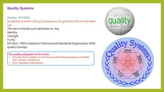 Quality Systems
Quality : ICH Q6A:
Suitability of either a Drug Substance or Drug Product for its intended
use.
This term includes such attributes as the,
Identity
Strength
Purity
ICH Q10 – PQS is based on International Standards Organization (ISO)
quality concept.
The quality subsystem at the center,
 Provides the foundation for the five manufacturing subsystems and helps
them achieve compliance.
 It is a regulatory requirement
 