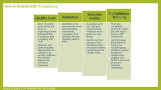 How to Sustain GMP Compliance
Providing
compliance
training to staff is
the best way to
ensure GMP
compliance.
All employees
should receive
training on
recordkeeping,
sanitation, proper
equipment
handling and
labeling, and
SOPs to minimize
errors and
maintain
compliance.
Compliance
Training
A surprise audit
can help gain
more accurate
insight on what
goes on in the
facility.
Identify real root
causes of non-
compliance and
take action before
it progresses into
a larger issue.
Surprise
Audits
Validation is the
documented act of
demonstrating
instruments,
processes, and
activities that are
regularly used or
done.
Validation
Team of skilled
workers that will
focus on
improving current
manufacturing
procedures and
complying with
GMP.
Members will
perform quality
assessments on
operations to
identify problems
and develop
appropriate
corrective
measures.
Quality team
SHAILENDRA SURYAWANSHI M PHARM
 