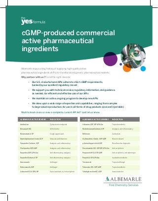 cGMP-produced commercial
active pharmaceutical
cGMP-produced commercial active
ingredients
pharmaceutical ingredients
 Albemarle enjoys a long history of supplying high-quality active
 pharmaceutical ingredients (APIs) to the ethical and generic pharmaceutical markets.
 Why partner with us? For all the right reasons:

          •      Our U.S.-manufactured APIs adhere to strict cGMP requirements,
                 backed by our excellent regulatory record

          •      We support you with technical service, regulatory information, and guidance,
                 as needed, for efficient and effective use of our APIs

          •      We maintain an active, ongoing program to develop new APIs

          •      We draw upon a wide range of expertise and capabilities, ranging from samples
                 to large-volume production, for use in all forms of drug products (oral and injectable)

 Want to learn more or view a complete, current API list? Just let us know.

ALBEMARLE ACTIVE GENERIC         INDICATION                                 ALBEMARLE ACTIVE GENERIC              INDICATION

Amifostine                       Cytoprotective adjuvant                    Lidocaine, USP, BP & Ph.Eur.          Topical anesthetic

Benazepril HCI                   ACE Inhibitor                              Meclofenamate Sodium, USP             Analgesic, anti-inflammatory

Benzonatate, USP                 Cough suppressant                          Milrinone                             Cardiotonic

Diphenhydramine Citrate, USP     Sleep aid, antihistamine                   Orphenadrine Citrate, USP & BP        Muscle relaxant

Fenoprofen Calcium, USP          Analgesic, anti-inflammatory               p-Aminohippuric Acid, USP             Renal function diagnostic

Flurbiprofen, USP & BP           Analgesic, anti-inflammatory               Procainamide HCI, USP, BP & Ph.Eur.   Anti-arrhythmic

Ibuprofen, USP & Ph.Eur.         Anti-inflammatory, analgesic               Propranolol HCI, USP & BP             Anti-arrhythmic, anti-adrenergic

Ibuprofen Sodium, USP            Anti-inflammatory, analgesic               Propofol, USP & Ph.Eur.               Injectable anesthetic

Itraconazole                     Antifungal                                 Terconazole                           Topical antifungal

Ketoconazole, USP                Antifungal                                 Tetracaine HCI, USP & BP              Topical anesthetic

Lidocaine HCI, USP & BP          Topical anesthetic, inj. Anti-arrhythmic   Tetrahydrozoline HCI, USP             Vasoconstrictor
 