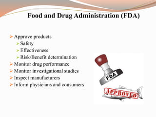 Food and Drug Administration (FDA)
 Approve products
 Safety
 Effectiveness
 Risk/Benefit determination
 Monitor drug performance
 Monitor investigational studies
 Inspect manufacturers
 Inform physicians and consumers
 
