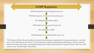 1902-Development of the biological control act
1906-Development of the pure food and drug Act
1937-Sulfanilamide Elixir incident
1938-fedral food, Drug and Cosmetic Act
1941-initiation of GMP
1944-Development of public Health service Act
1962- Kefauver-Harris Drug Amendments released (It introduced a requirement for drug manufacturers to provide
proof of the effectiveness and safety of their drugs before approval, required drug advertising to disclose accurate
information about side effects, and stopped cheap generic drugs being marketed as expensive drugs under new trade
names as new "breakthrough" medications)
CGMP Regulation
 