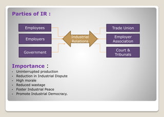 Parties of IR :
Importance :
• Uninterrupted production
• Reduction in Industrial Dispute
• High morale
• Reduced wastage
• Foster Industrial Peace
• Promote Industrial Democracy.
Employees
Employers
Government
Trade Union
Employer
Association
Court &
Tribunals
Industrial
Relations
 