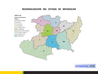 I II III IV V VIII VII IX X VI REGIONALIZACION  DEL  ESTADO  DE  MICHOACAN ESTADISTICA   UTTP 