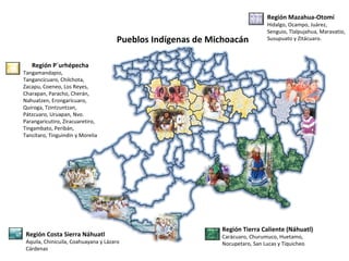 Pueblos Indígenas de Michoacán Región P´urhépecha Tangamandapio , Tangancícuaro, Chilchota, Zacapu, Coeneo, Los Reyes, Charapan, Paracho, Cherán, Nahuatzen, Erongarícuaro, Quiroga, Tzintzuntzan, Pátzcuaro, Uruapan, Nvo. Parangaricutiro, Ziracuaretiro, Tingambato, Peribán, Tancítaro, Tinguindín y Morelia Región Costa Sierra Náhuatl Aquila, Chinicuila, Coahuayana y Lázaro Cárdenas Región Tierra Caliente (Náhuatl) Carácuaro, Churumuco, Huetamo, Nocupetaro, San Lucas y Tiquicheo Región Mazahua-Otomí Hidalgo, Ocampo, Juárez, Senguio, Tlalpujahua, Maravatío, Susupuato y Zitácuaro. 