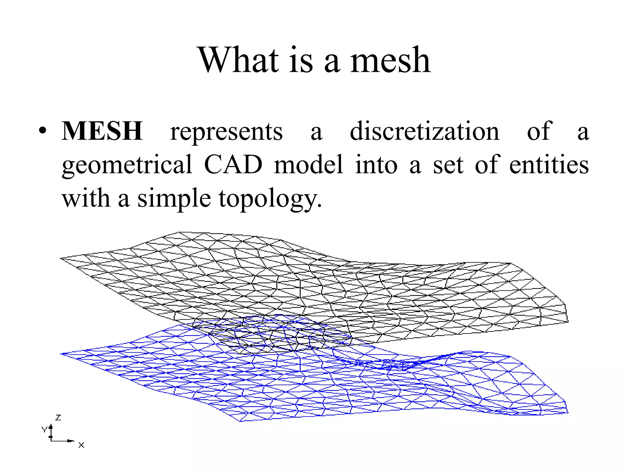 What is a mesh
• MESH represents a discretization of a
geometrical CAD model into a set of entities
with a simple topology.

 