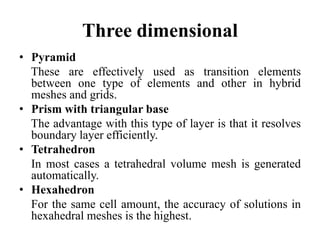 Three dimensional
• Pyramid
These are effectively used as transition elements
between one type of elements and other in hybrid
meshes and grids.
• Prism with triangular base
The advantage with this type of layer is that it resolves
boundary layer efficiently.
• Tetrahedron
In most cases a tetrahedral volume mesh is generated
automatically.
• Hexahedron
For the same cell amount, the accuracy of solutions in
hexahedral meshes is the highest.

 